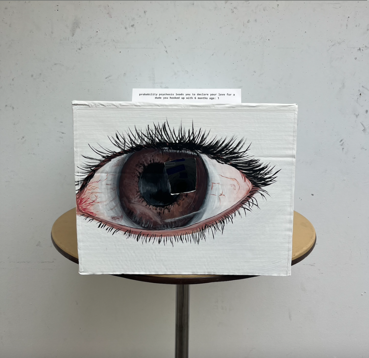 Painted brown eye on white background, title on top says 'probability psychosis leads you to declare your love for a dude you hooked up with 6 months ago: 1'